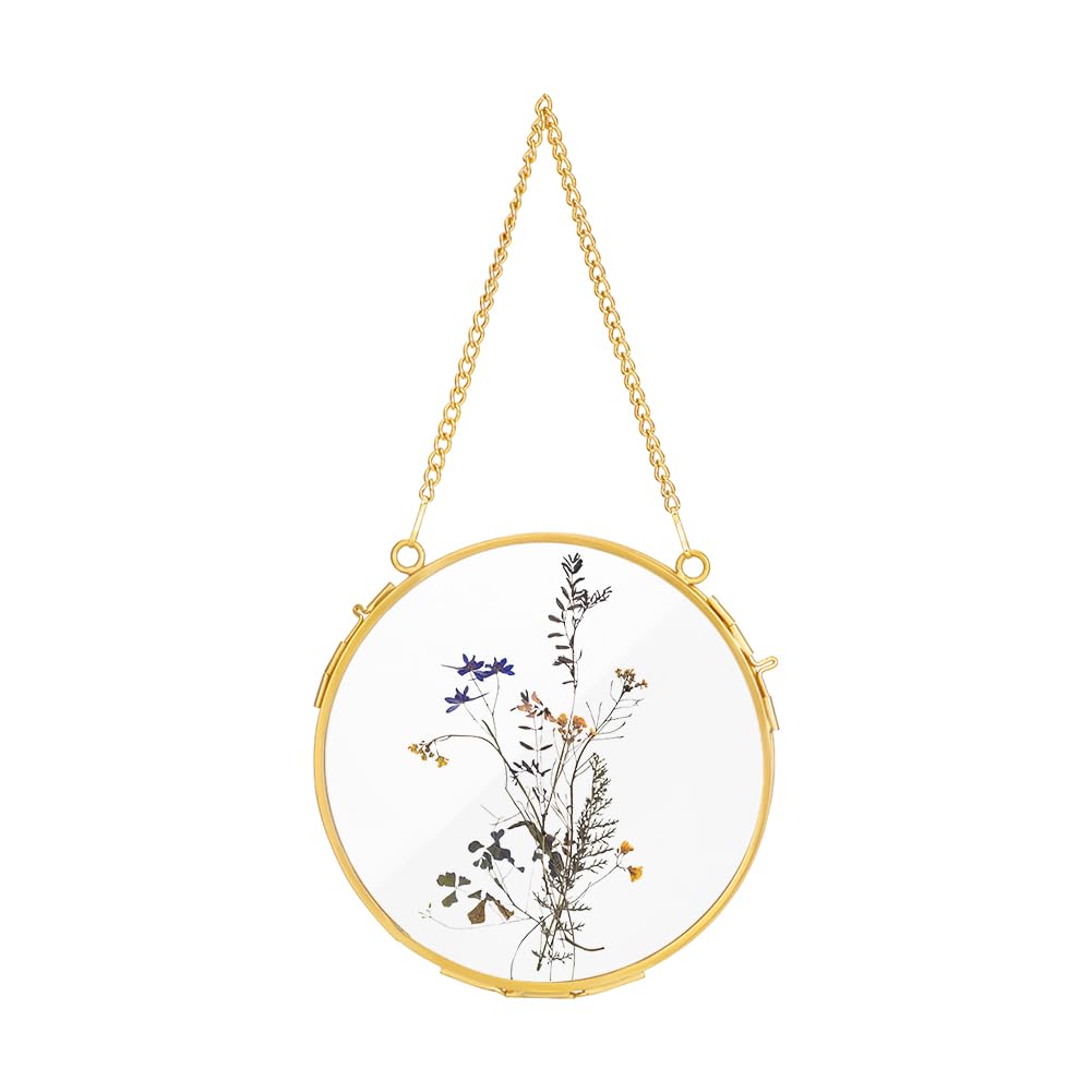 UNICRAFTALE 5.1 Inches Hanging Glass Floating Photo Frame Pressed Flowers Frames Round Wall Hanging Brass Frame for Dried Flowers Pictures Photos Double Glass Herbarium Gold