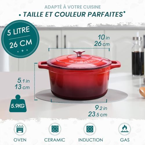 Cocotte Ronde en Fonte Émaillée 5L, 26cm, x13cm, 5.95kg, Marmite avec Couvercle Pour Tous Feux dont Induction Rouge