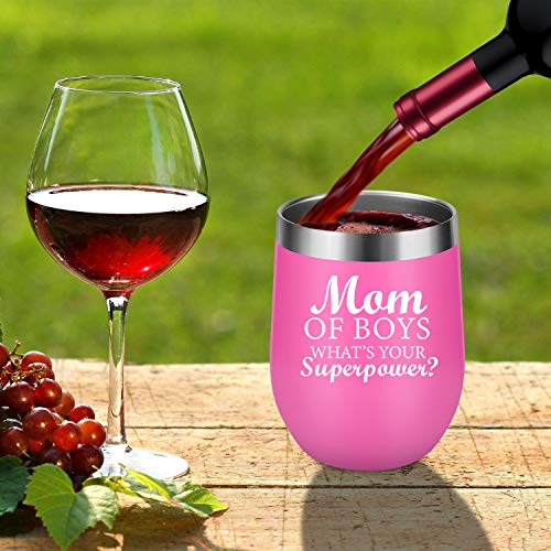 Mom of Boys What's Your Superpower - Boy Mom Gifts for Women - Funny Mom Birthday, Mothers Day, Thanksgiving, Christmas Gifts for Boymom, Mother of Boys - LEADO Boy Mom Wine Tumbler Mommy's Sippy Cup