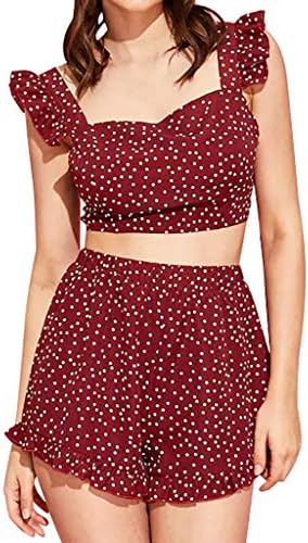 Womens Summer 2 Piece Outfits Floral Boho Crop Top + Ruffle Trim Shorts Set, Tie Back Casual Club Jumpsuit Romper
