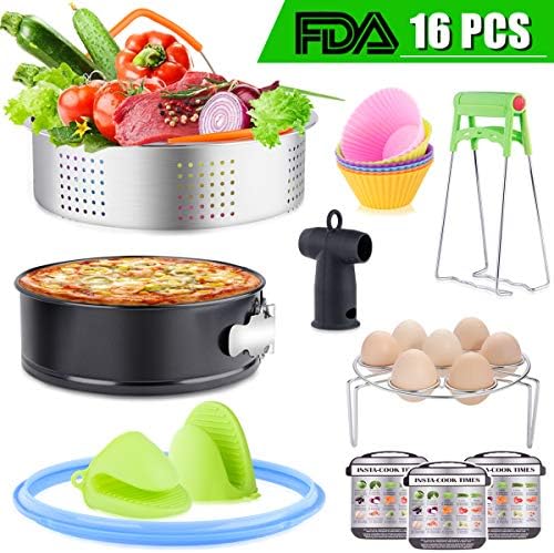 16pcs Instant Pot Accessories Set Fits 5,6,8Qt-Steamer Basket,Non-stick Springform Pan,Baking Cups/Steamer Rack,Silicon Steam Driver,Sealing Rings,Dish Plate Clip,Oven Mitts,Magnetic Cheat Sheet