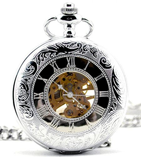 Infinite U Silver Dual Time Display Hollow Skeleton Steel Mechanical Movement Pocket Watch