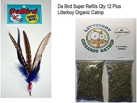 12 Pack of Go Cat Da Bird Super Feather Refills Plus Litterboy Organic Catnip