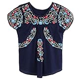 Kafeimali Women's Peasant Tops Mexican Blouse Colorful Flowers Embroidered Boho T Shirt (Navy Blue)