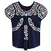 Kafeimali Women's Peasant Tops Mexican Blouse Colorful Flowers Embroidered Boho T Shirt (Navy Blue)