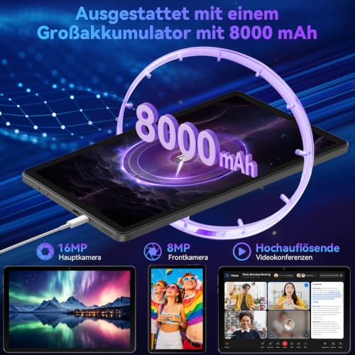 11 Inch Tablet with Keyboard, Android 16 with Gemini AI, 32GB RAM + 128GB ROM (1TB TF), 1920 x 1200 FHD 90Hz Display, Unisoc T7250 Octa-Core, 8MP + 16MP Dual Camera, Face ID, Widevine L1, 8000 mAh