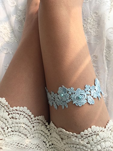 YuRong Wedding Flower Garter Bridal Pearls Garter Bridal Garter G07 (Blue)