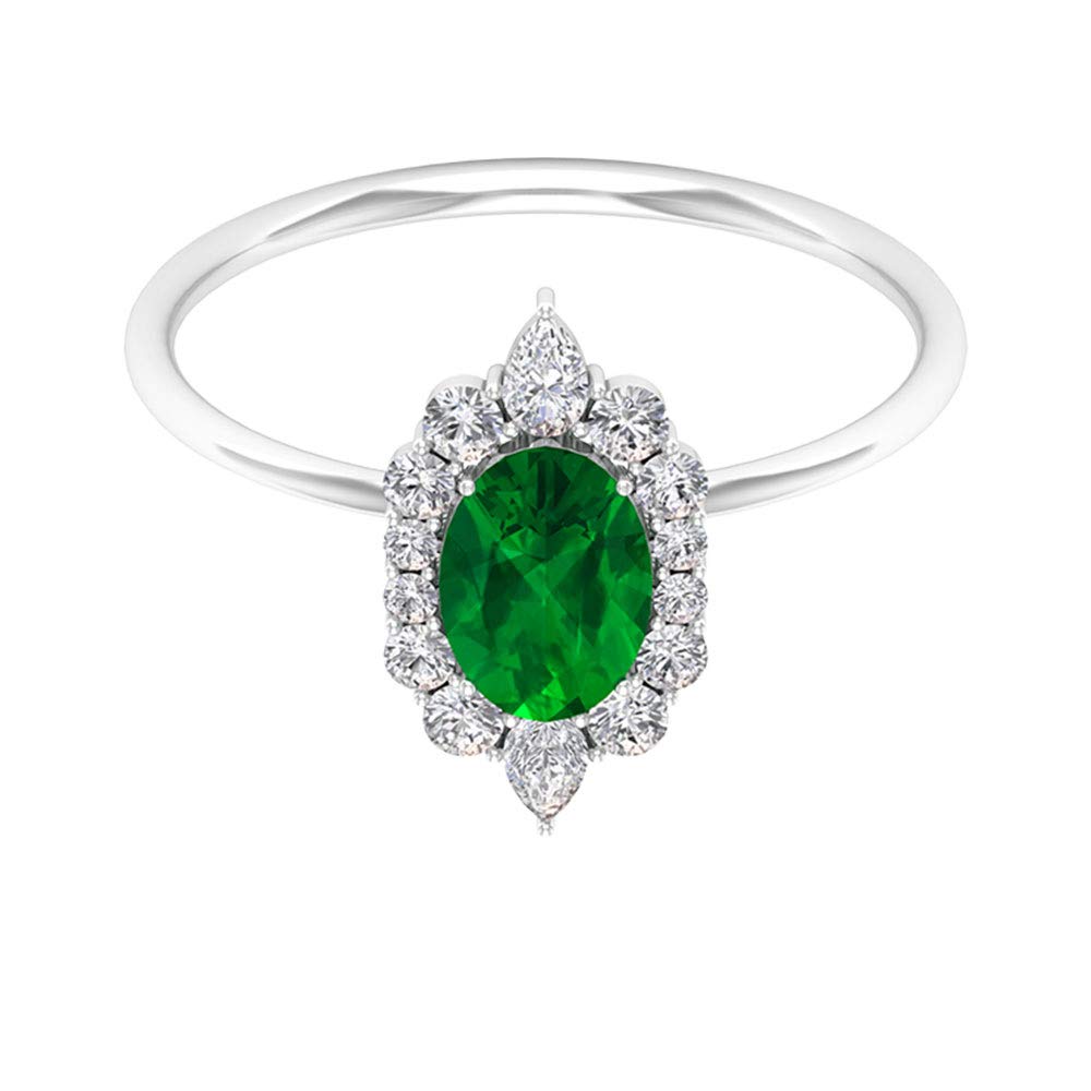 0.85 Ct Solitaire Emerald Engagement Ring, Unique 1/4Ct Diamond Halo Ring, Oval Shape May Birthstone