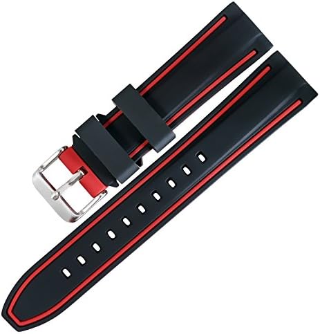 TON Charme Replacement Silicone Watch Band Waterproof Bicolor with Brushed Stainless Steel Buckle 20/22/24/26mm (24mm, Black Red)