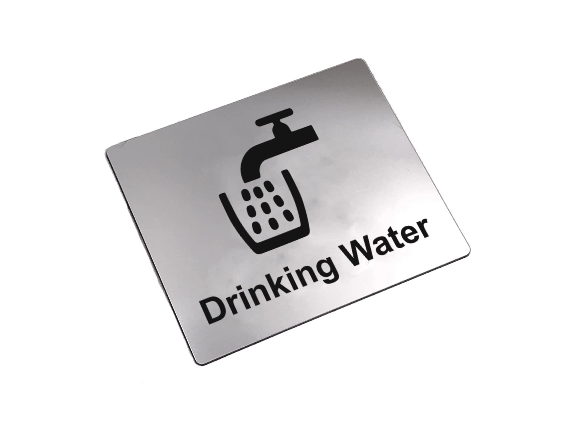 Drinking Water Tap Sink Sign with Adhesive Sticker Backing, Waterproof Metallic Silver with Black Universal Icon Symbol and Text (Size 12 cm x 10 cm)