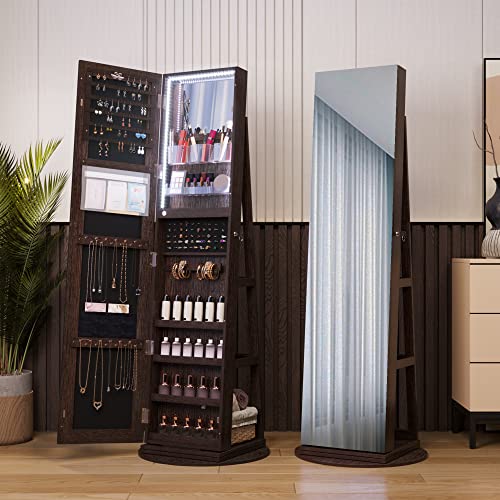 HNEBC 360° Swivel Jewelry Armoire with Mirror, LED Mirror Jewelry Cabinet  Standing, Full Length Mirror with Je