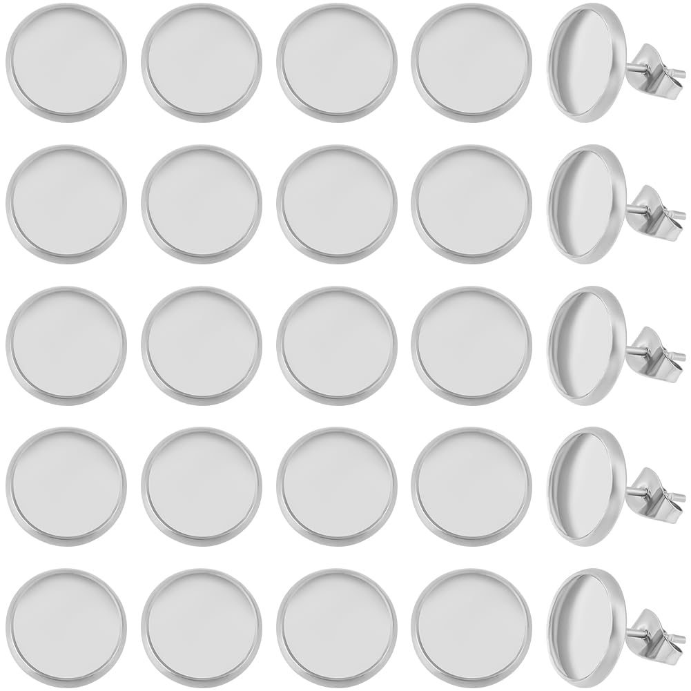 Beebeecraft 1 Box 50Pcs 10mm Earring Cabochon Setting 316 Surgical Stainless Steel Round Bezel Blank Stud Earring for DIY Jewelry Making