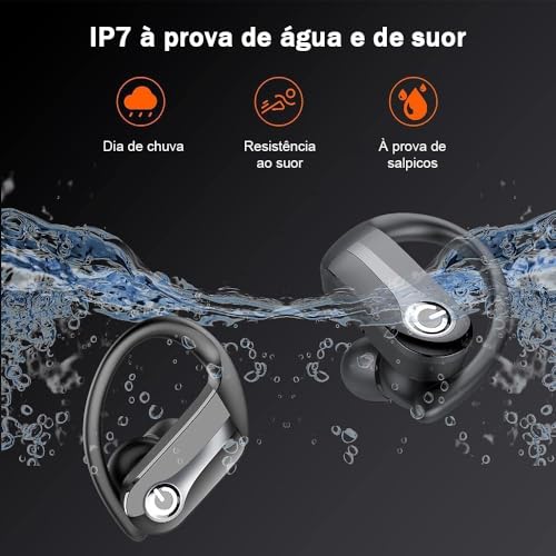 Fones de ouvido sem fio, Bluetooth 5.3, estéreo de alta fidelidade, tela LED, chamadas nítidas com microfone, cancelamento de ruído, controle por toque, IP7 à prova d'água, esportivo (preto)