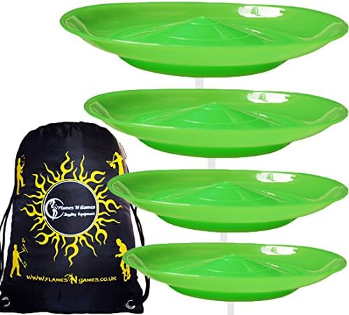 4x Spinning Plate Set (Green) CLASSIC Circus Spinning Plates + 2-Piece Plastic Sticks + Flames N Games Travel Bag! Great fun for Kids & Adults.