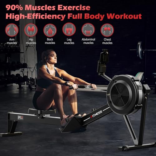PASYOU Rowing Machine for Home Use - Commercial-Grade Rower Machine Foldable Air Rowing Machine with 10-Level Resistance, Bluetooth Backlit Monitor, Adjustable-Angle Device Holder - 350LBS Load