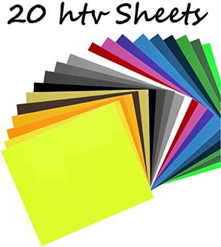 20 Colors (12x10 Inches) Heat Transfer Vinyl (HTV) Sheets for T-Shirts and other Fabrics - Press on HTV Vinyl for Silhouette Cameo, Cricut, Craft Cutters and more