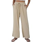 FLAVOFIIT Women Linen Wide-Leg Palazzo Pants Summer Flowy Baggy High Waist Casual Lounge Travel Trousers with Pockets