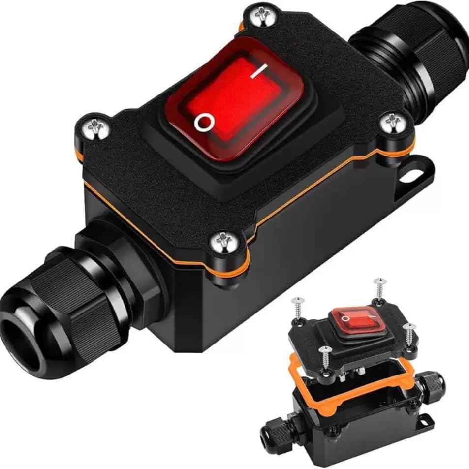 Switian 1 PCS Inline Cord Switch DPST 12V-24V 20A, IP65 Waterproof On-Off with Red Light Buttons, Two-Side Entry Exit Line, Outdoor Electrical Start Stop Toggle Switch(12, Volts)