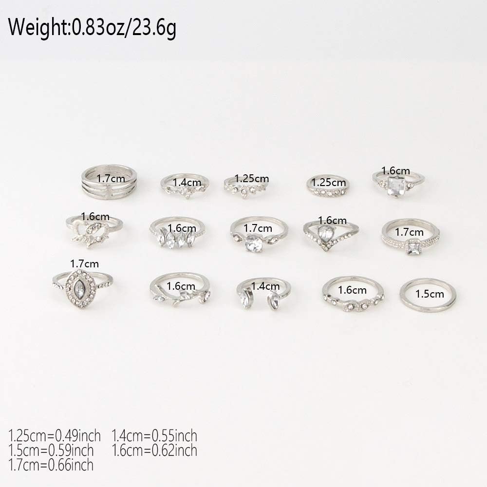 Graeen Knuckle Rings Heart Stackable Ring Leaf Finger Ring Set Silver Stacking Rings for Women and Girls(Pack of 15)(Style 3): Clothing