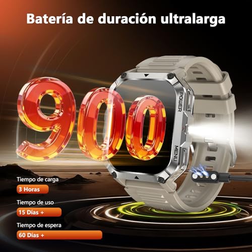 Blackview Reloj Inteligente Hombre Militar - Linterna y Brújula, 2.01"Smartwatch Hombre con 100+ Modos Deportivos, Llamadas Bluetooth/Notificación, Pulsómetro/Oxímetro/Sueño, Pulsera Actividad, Caqui