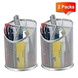 Bonsaii 2-Pack Round Steel Mesh Pen Pencil Desk Holder Organizer 3 Compartments,Sliver(W6808)