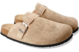 SATUSTA Clogs for Women Suede Soft Leather Clogs Classic Cork Clog Antislip Slippers Waterproof Mules House Sandals Buckle