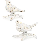 Sungmor Cast Iron Small Bird Statues, Set of 2 Antique White Bird with Branch Collectible Figurines, Farmhouse Home Garden Decorative Bird Sculpture, Realistic Indoor and Outdoor Ornaments