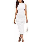IHOT Women's Mock Neck Sleeveless Mesh Back Slit Ruched Bodycon Wedding Guest Cocktail Evening Party Midi Dresses