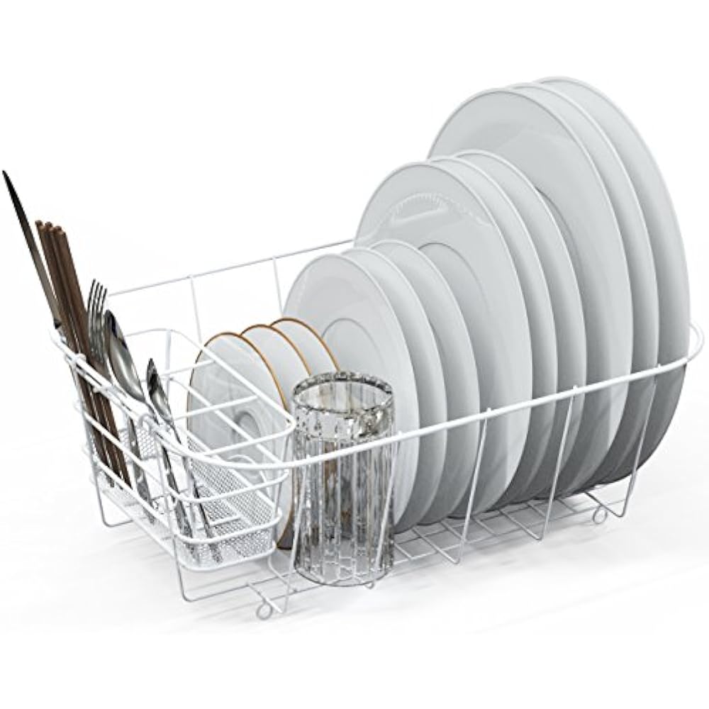 Dish Drying Rack Drainer Basket W/Utensil Caddy, White Kitchen & Dining