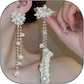 White Pearl Cluster Long Tassel Drop Dangle Earrings for Women,Gentle Handmade Pearl Beaded Fringe Hanging Earrings,Charm Wedding Jewelry Gifts