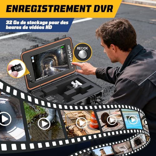 Dnenellr Pipeline Inspection Camera, Self-Leveling 1080P Camera and 512Hz Transmitter, 7MM Reinforced Cable with Metric Markers, 9 Inch HD IPS Screen, 32GB DVR, 5100mAh Battery, IP68 (50M)