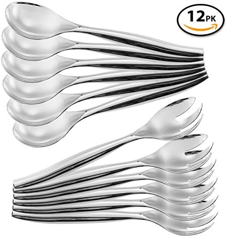 Set of 12 - Heavy Duty Disposable Plastic Serving Utensils, Six Large 10” Spoons, Six Large 10" Forks, Silver