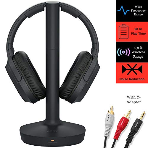 Sony RF400 Headphone & Cable Bundle Includes – Wireless Home Theater Over-Ear Headphones Feature 150-Foot Range, Volume Control, Voice Mode – 6-ft 3.5mm Stereo + NeeGo RCA Plug Y-Adapter for TV