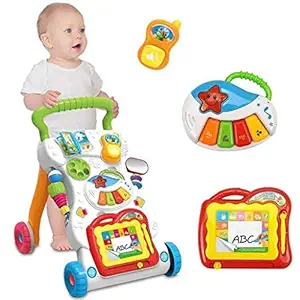 Sisliya Toddlers Push Walker Stroller Multifunctional Music Cartoon Musical Developmental Educational Toy Gifts for Baby Toddlers Boys Girls Kids 1 2 3 4 5 Years Old