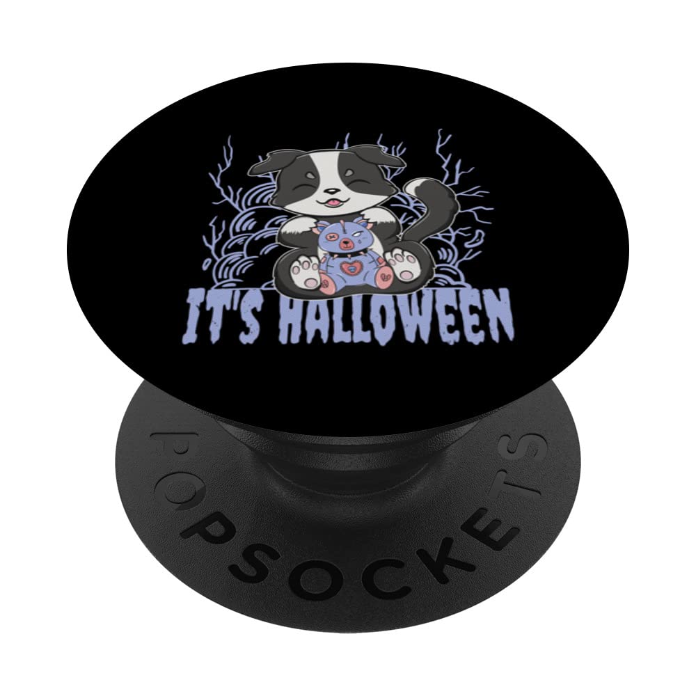Cute Anime Border Collie With Teddy Bear For Halloween PopSockets Swappable PopGrip