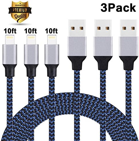Lightning Cable, Bestfy iPhone Charger 3Pack 10FT Nylon Braided iPhone Cable for iPhone X / 8 / 8Plus / 7 / 7Plus / SE / 6s / 6sPlus / 6 / 6Plus / 5 / 5s / 5c iPad iPod &amp; More (Blackblue)