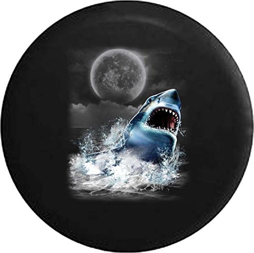 556 Gear Great White Shark Attack Jaws Teeth Ocean Full Moon Jeep RV Spare Tire Cover Black 33 in