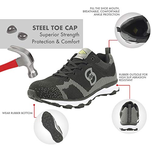 Safety Toe Athletic Shoes - Trainer Style, Steel Toe Shoe Sneakers - Steel Toe Plus Slip Resistant and Electrical Hazard Resistant - Black/Grey - (8)