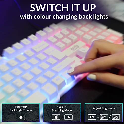 Orzly White Gaming Keyboard RGB USB Wired Rainbow Keyboard Designed for PC Gamers, PS4, PS5