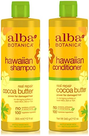 Alba Botanica Naturals Hawaiian Shampoo and Conditioner Real Repair Cocoa Butter Bundle With Cocoa, Aloe Vera, Pineapple, Calendula, Papaya, Matricaria, Quinoa Seed, Coconut and Ginger, 12 oz. each