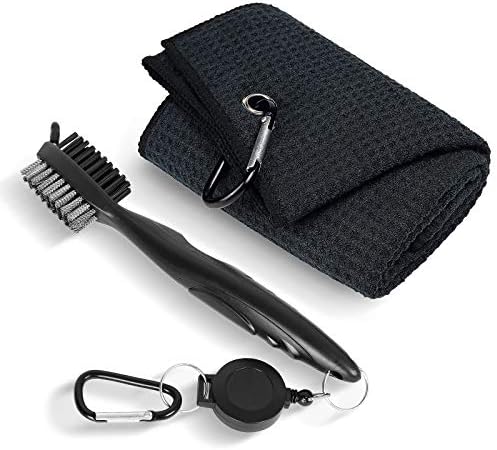 Golf Towel for Golf Bags with Clip,Waffle Pattern Tri-fold Microfiber Towel with Cleaning Brush Retractable Extension Cord,Golf Gifts for Men Women Kids (Black Towel+Black Brush, 16″ x 24″) Golf Towel for Golf Bags with Clip,Waffle Pattern Tri-fold Microfiber Towel with Cleaning Brush Retractable Extension Cord,Golf Gifts for Men Women Kids (Black Towel+Black Brush, 16″ x 24″)