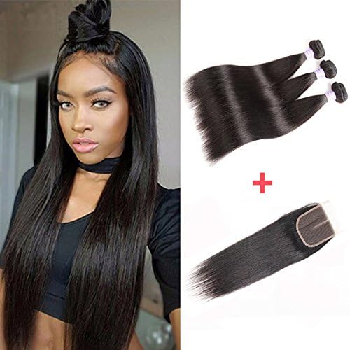AMZTMY Brazilian Straight Virgin Hair 3 Bundles With Middle Part Closure 100% Unprocessed Hair Extensions Remy Human Hair Weft Weave With 4×4 Lace Closure Natural Color (10 12 14+10inch Middle Part)