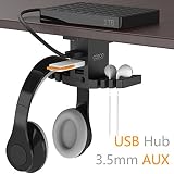Headphone Stand with USB Hub COZOO Under Desk Headset Hanger Mount Dual Hook Holder with 3 USB Ports(usb3.0+usb2.0) and 3.5mm Jack AUX Port(Audio/Mic) External Sound Card for Gamer, DJ Earphone