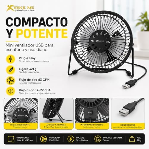 Ventilador personal de metal de 38 W, ventilador de mesa de alta velocidad con 3 aspas de aluminio, 3 velocidades, rejilla de seguridad, inclinación ajustable, (Negro)