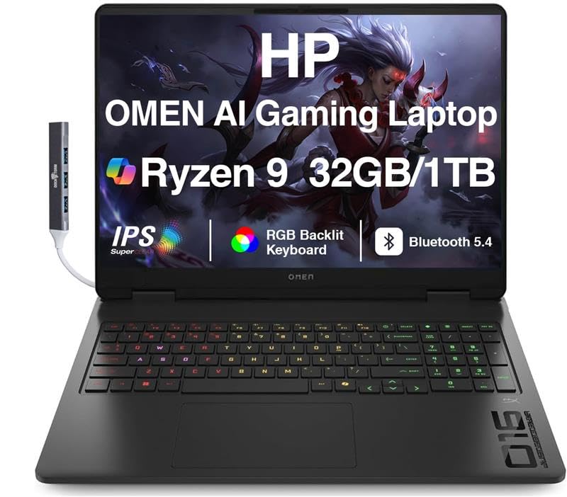 HP OMEN AI Gaming Laptop 16.0" 144Hz IPS WUXGA Display (AMD Ryzen 9 8940HX, GeForce RTX 5060 8GB, 32GB DDR5, 1TB PCIe SSD, 3-Zone RGB KB, WiFi 6E, Webcam, Win 11 Pro) w/DKZ USB Port Expander