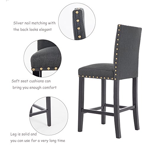 GOTMINSI Nailhead 24" Counter Height Stools Upholstered Bar Stools with Solid Wood Legs, Set of 2 (Charcoal) - Thumbnail 2