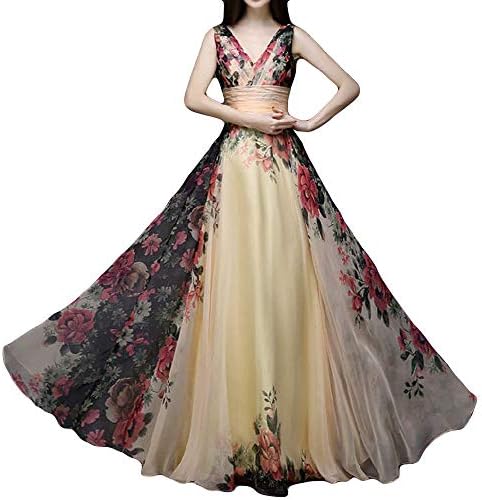 PLENTOP Women Fashion Print Deep V High Waist Sleeveless Party Long Maxi Cocktail Dress