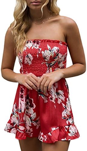 Symptor Women's Summer Floral Print Off Shoulder Sleeveless Short Romper Jumpsuit Red XL