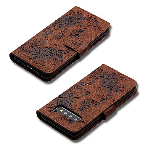 Funyye Wrist Strap Leather Cover for Samsung Galaxy S10,Brown Magnetic Flip Butterfly Embossing Flower Pattern Folio Wallet Case with Stand Credit Card Holder Slots Case for Samsung Galaxy S10