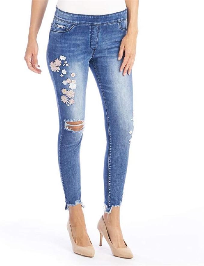 Coco Carmen OMG Floral Embroidered Distressed Ankle Jeans (Large) Denim